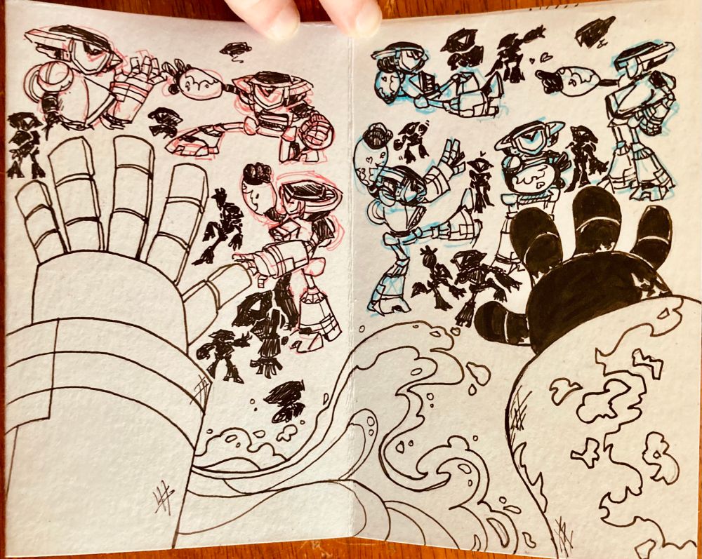 The second interior. Scarab’s hands are stretched out on each page, as if in first person perspective. An ocean wave crashes across the spread between them. Doodles of Scarab fill out the negative space.