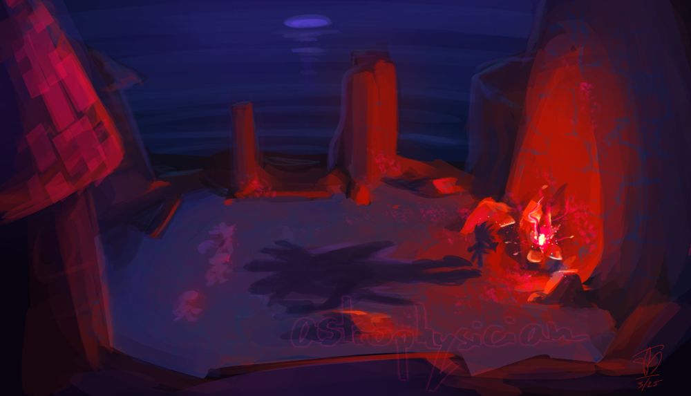 A digital painting sketch of a battle taking place in the ruins of an ancient castle courtyard. A red flare lights the wall behind Mephiles, who looks like Silver the Hedgehog. It casts a long shadow over the courtyard towards three figures.
