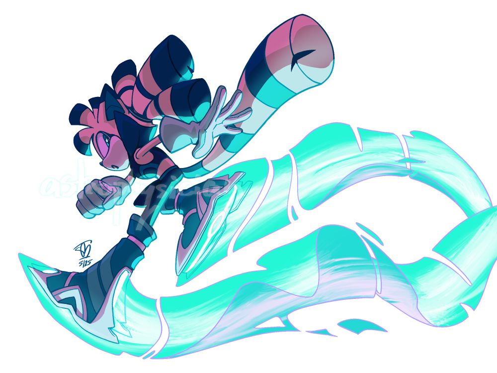 A transparent digital drawing of a Sonic OC (Loop the Ringtail) dashing forward on their Light Skates, which leave long trails of cyan light behind them. 