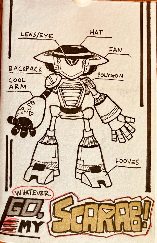 The cover of a folded zine titled “Whatever. Go, My Scarab!” It’s a diagram of Scarab with different parts of it labeled in humorous ways