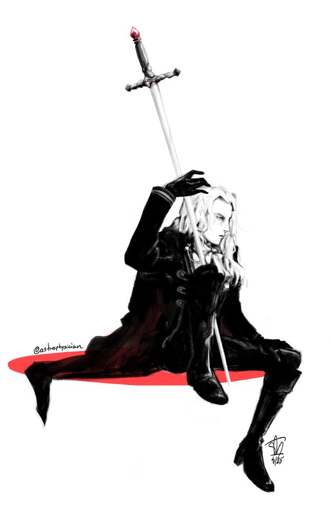 A digital drawing of Alucard from Castlevania sitting, holding his sword upright. It is rendered completely in black and white tones, with some bright red as accents. 
