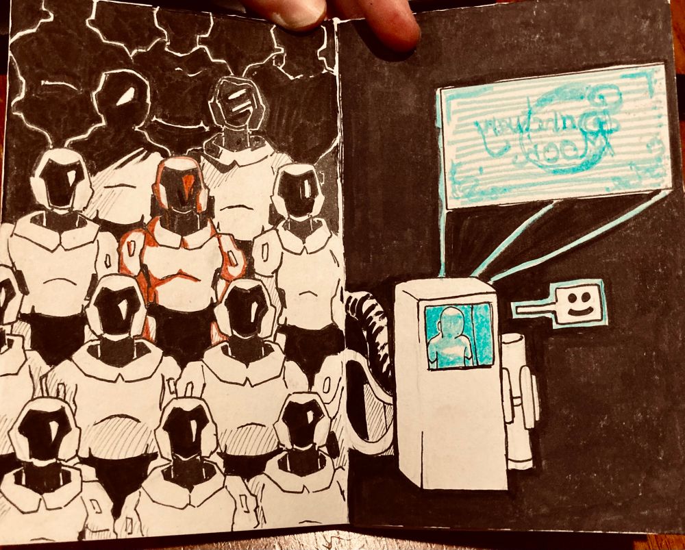 The first interior of the zine. The first page depicts dozens of SecUnits standing in file, with one in the center shaded with red. The second page depicts Murderbot in its cubicle happily watching Sanctuary Moon, the rest of the world faded into darkness. 
