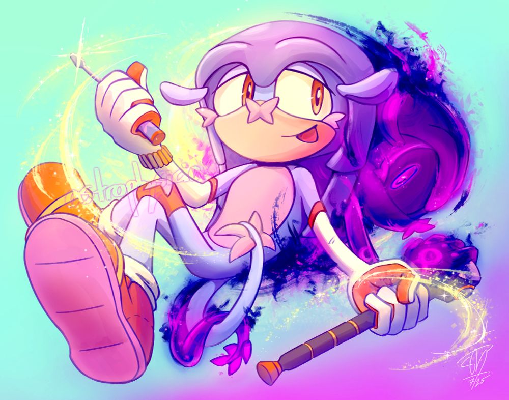 A portrait of a Sonic OC (Phos the Armadillo) showing off their tools while a shadowy version of themself lurks behind them.