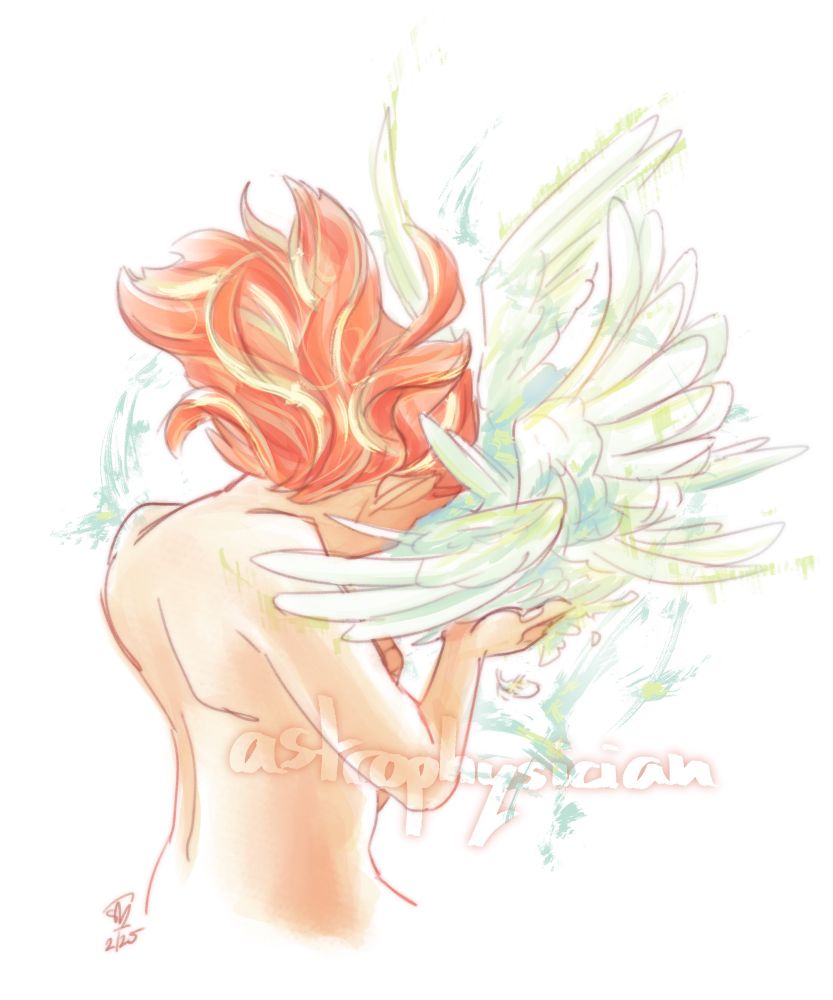 A digital sketch of a person holding an abstract mass of wings and feathers to their face. 
