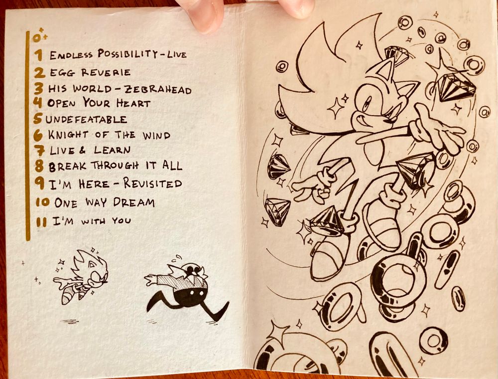 The first interior of the zine. The first page is a playlist with a classic Super Sonic chasing Eggman. The second page is Super Sonic as the Chaos Emeralds spin around him, with a cascade of rings falling towards the viewer. 