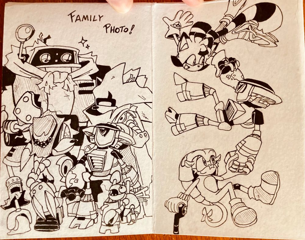 The third interior. On the first page, Scarab stands with E-117 Sigma, Mecha Sonic, and Mecha Knuckles. Nevin the Scrapnik holds onto Scarab’s leg. Caption reads “Family Photo!” On the second page, Scarab holds hands with the rest of Team Glue (Loop the Ringtail and Phos the Armadillo) as they fall through space. (The other family photo.)