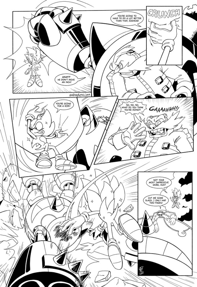 A comic page depicting Super Sonic Taking down Dr. Eggman's mech by throwing it over his shoulder.
