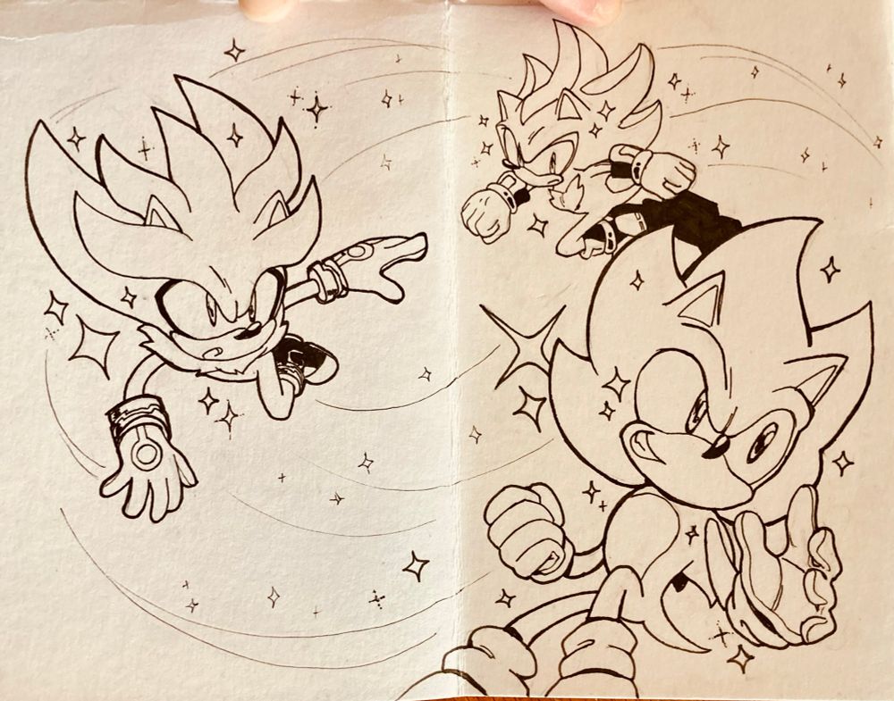 The final interior. Super Silver and Super Shadow follow Super Sonic’s lead, flying in an arc with sparkles trailing behind them. 