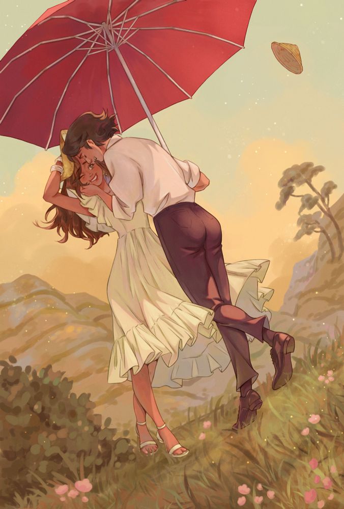 Art by Thar Chandran

The rolling hills and trees of a tea estate and the sky during sunset are in the background. In the foreground, Bibi and Sohel embrace, standing in grass dotted with pink flowers. His straw conical hat floats away as he holds Bibi’s face in one hand and a red umbrella over both of their heads in the other. Bibi wears a pale yellow, almost white sundress with a ruffled skirt blowing in the wind toward Sohel’s legs, a floppy sunhat that she holds with one henna painted, bangled hand, heels that match her dress and gold hanging earrings. She bites her lip, one eye shut, and smiles while Sohel cups her face, her dark brown hair fluttering around her. He has a gentle smile on his own face, his eyes closed. He wears a loose white shirt, dark pants and dark shoes, one foot slightly angled behind him. His outfit is based on that one Mr. Darcy look, iykyk. The artist was actually asked to evoke the feeling of 2005’s P&P with its absolutely gorgeous setting and sense of yearning, though Bibi is loosely inspired by Emma and the book is a beat for beat reimagining of neither.