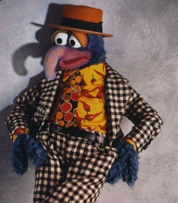 Gonzo wearing a checkered shirt and chili pepper shirt and he absolutely has that shit on