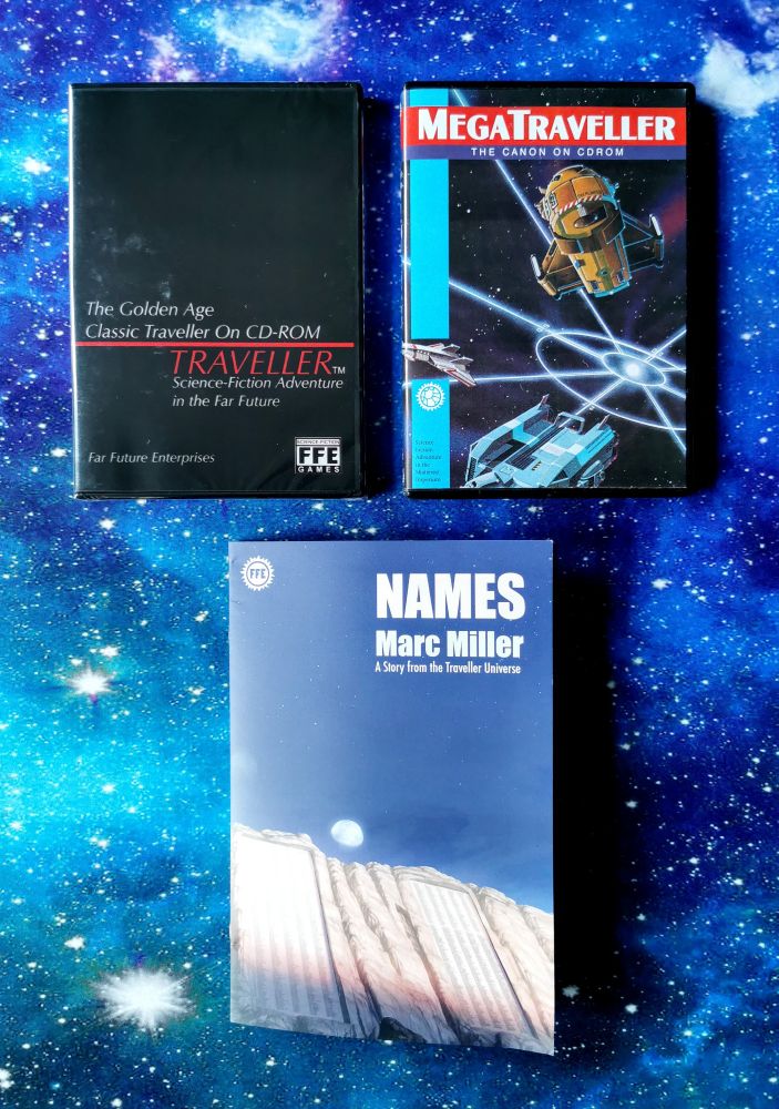 Two CD with the collected works for the Traveller RPG in PDF format. One for Classic Traveller, one for MegaTraveller. And a booklet called "Names" by Marc Miller. 