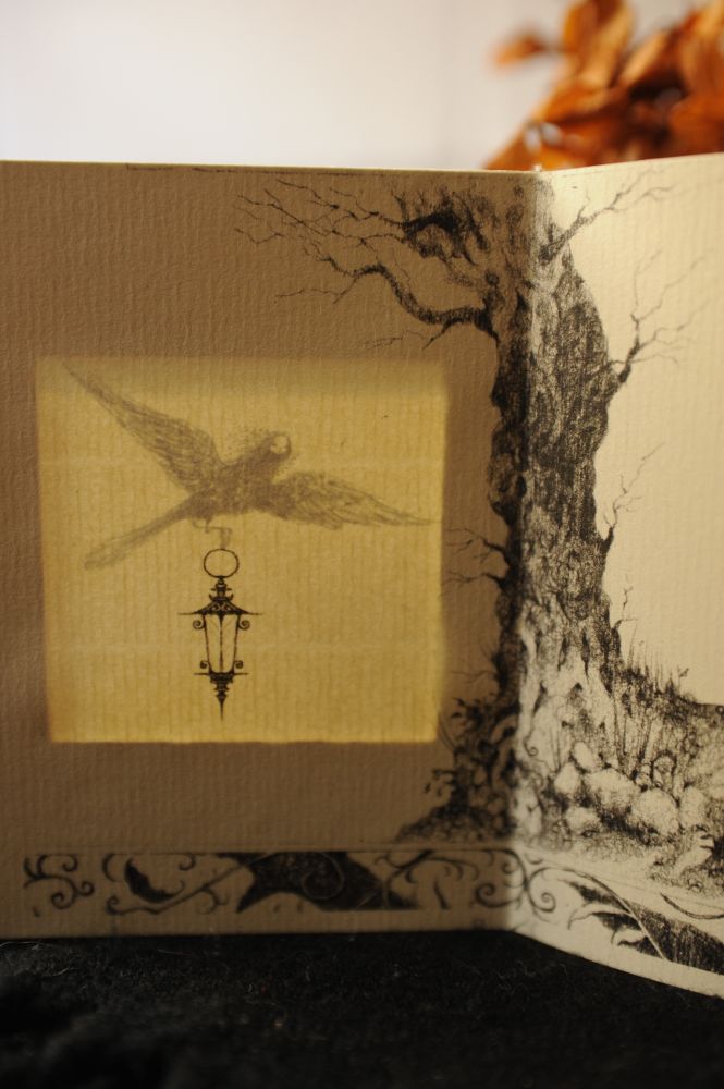 a close-up of the floating lantern and the crow-witch being revealed by the light hitting the zine page in a particular spot