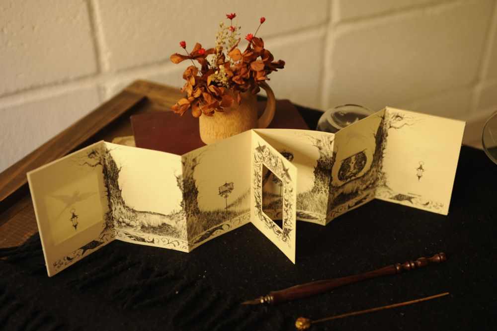 the Equinox zine spread open to reveal the two opposite fields and the "mirror" in the center (which is actually a framed page with a rectangular hole to show in it the opposite field when the mirror is fold over)