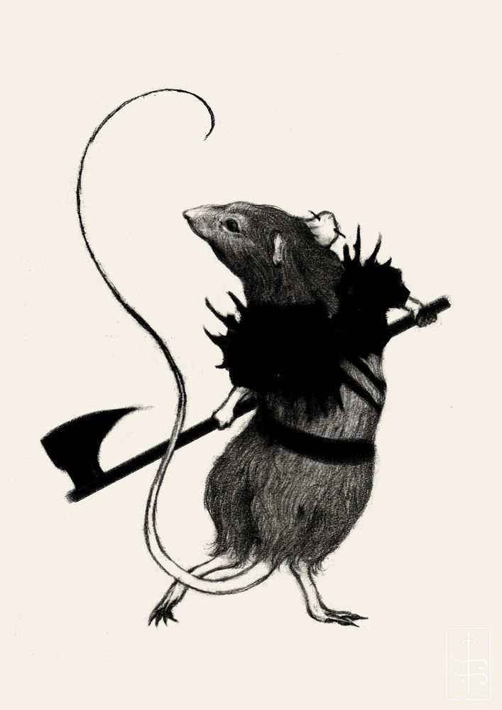 a rat with spiky shoulder armor standing on its hind legs to hold a double handed axe