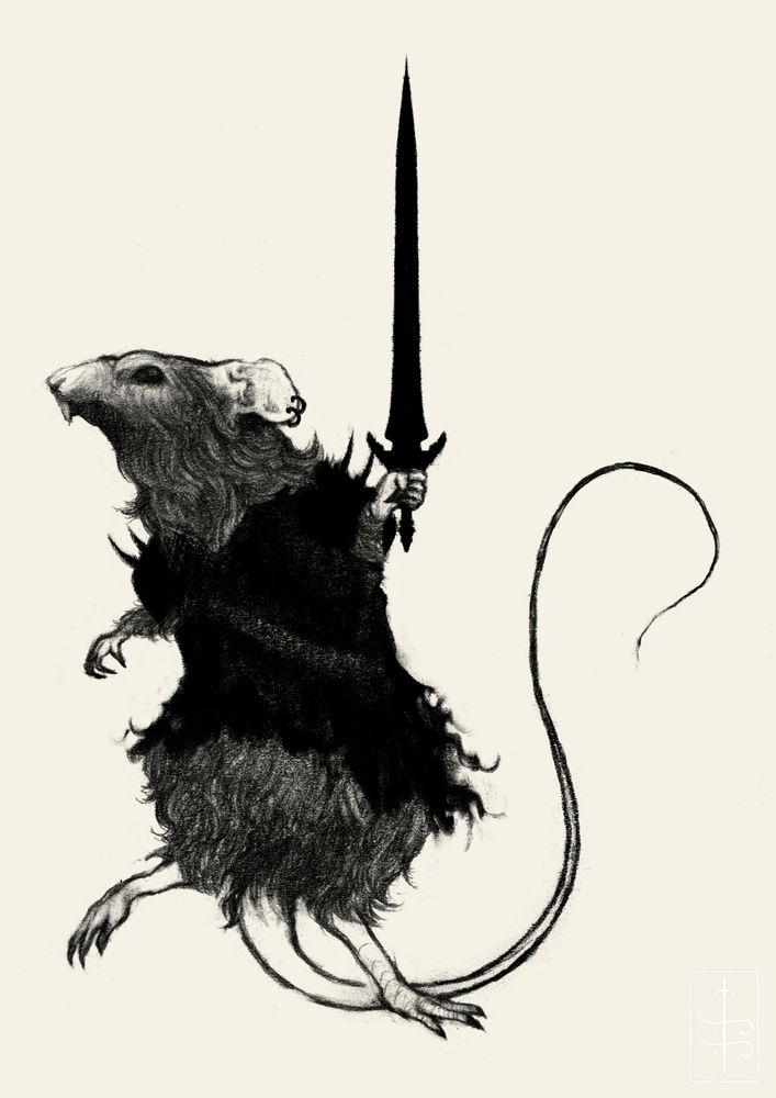 a rat warrior wearing a black armor standing on its hind legs to hold a black sword