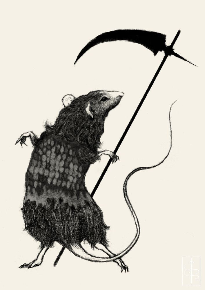a rat wearing scale mail standing on its hind legs to hold a black war scythe