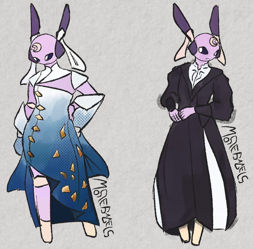 sls in a blue and white dress on the left, and a simpler black and white on the right