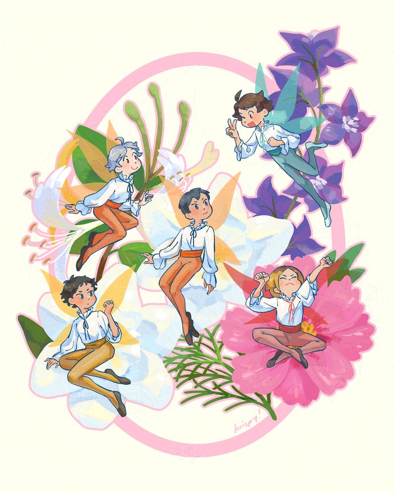 Storybook-style illustration of Sugawara, Kageyama, Akaashi, Oikawa, and Kenma as little fairies resting among flowers.