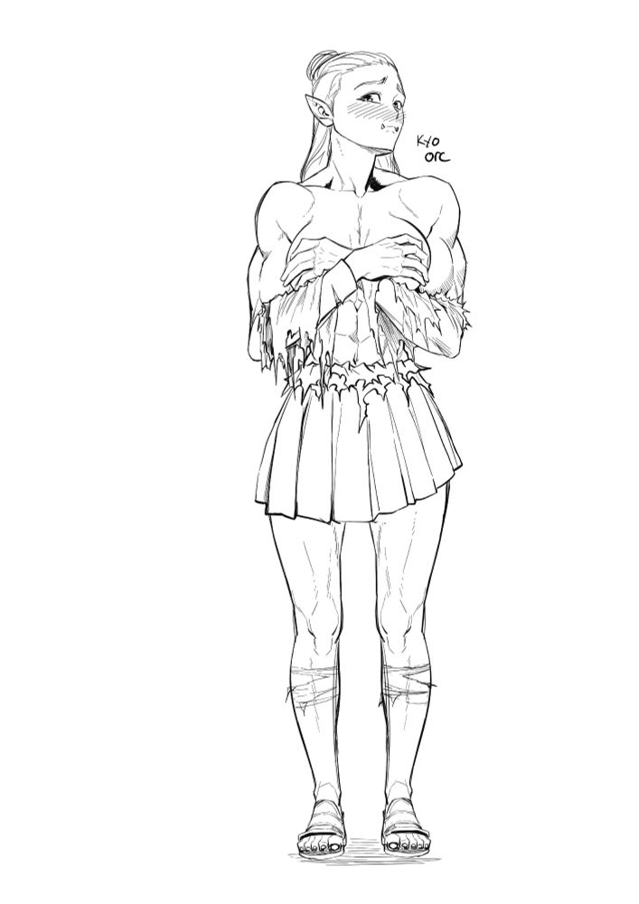 Character Design Sketch of Kyo Nakamura in her Orc Form. Kyo is standing there, wearing what’s left of her formal uniform. The skirt is still in tact. Her shoes and socks are ripping, and her shirt is completely in shreds, due to how muscular she is. Kyo is very embarrassed, covering her breasts with her hands. 

Art By – ER0POPO. 
Character Belong To – Sayuri Milkshake. 
