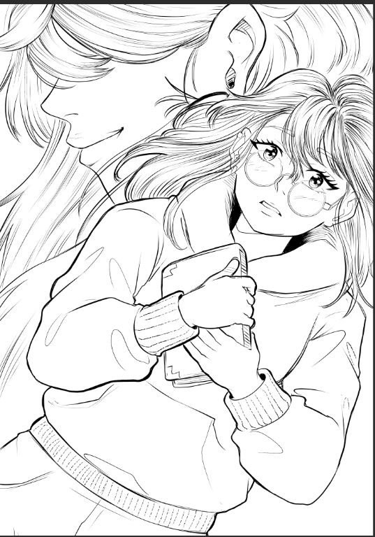 Line Art of the Ms. Baker manga cover. Shows Kirra holding a book to her chest, wearing glasses. Elizabeth Baker is in the background. Art By - Ste Calvalcanti. Characters Belong To - Sayuri Milkshake.