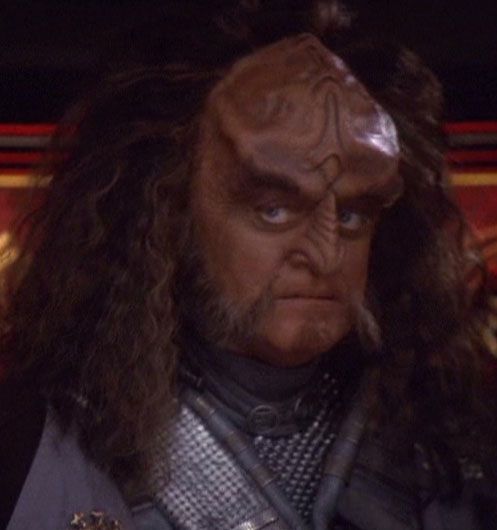 Gowron (from Star Trek: Deep Space Nine) looking annoyed
