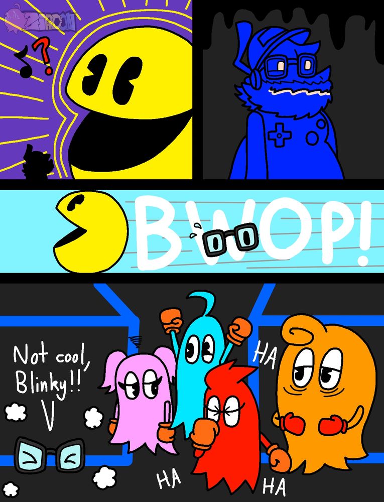 -PAC-MAN grows big thanks to the Power Pellet

-PhantoRetro looks worried as he turns blue

-PAC-MAN eats through PhantoRetro, leaving his eyes and glasses remaining

-PhantoRetro's (eyes and glasses only) looks angry at the 4 Ghosts: Pinky, Inky, Blinky, and Clyde. PhantoRetro is also saying "Not cool, Blinky!!"