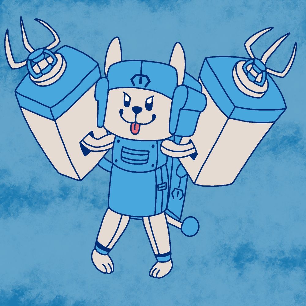 Digital colored illustration of a robotic dog standing on its back legs and holding 2 big clawed arms.