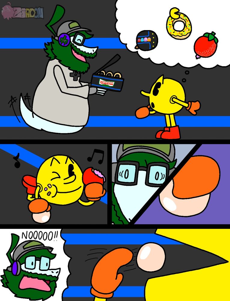 -PhantoRetro offers PAC-MAN some Krispy Kreme donuts while PAC-MAN looks interested

-PAC-MAN eats a donut and is also holding a Power Pellet in the other hand

-PhantoRetro noticed the Powere Pellet, looking terrified

-PhantoRetro yells "NOOOOO!!" to PAC-MAN who tossed the Power Pellet into his mouth