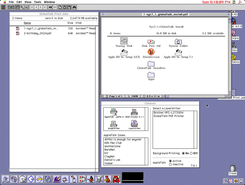 Screen capture from my Mac IIfx connected to the new "GlobalTalk Print Jobs" share and viewing a PDF file containing a directory listing printout from my QEMU server. The Chooser is also open and showing my new "GlobalTalk PDF Printer" LaserWriter.