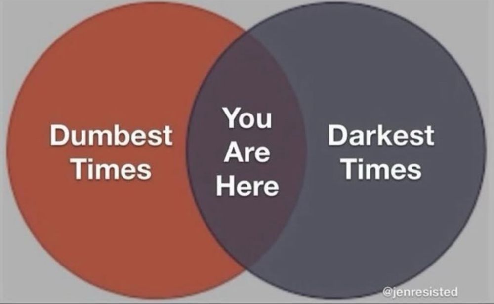 A Venn diagram with the left circle in red, the right circle in grey & the overlapped section in a purpleish colour. The left circle says “Dumbest Times.” The right circle says “Darkest Times.” The overlapping section says “You Are Here” and it couldn’t be more accurate. Ugh. 