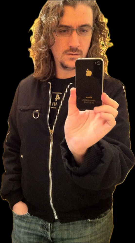 Jeans, black casual jacket, long curly hair selfie with OG iPhone