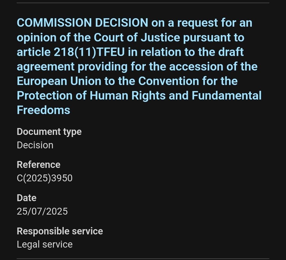 Screenshot from Commission register of documents listing a Commission decision to ask the CJEU about the draft accession treaty on the basis of Article 218 TFEU, which gives the court jurisdiction to rule on whether a draft treaty is compatible with EU law 