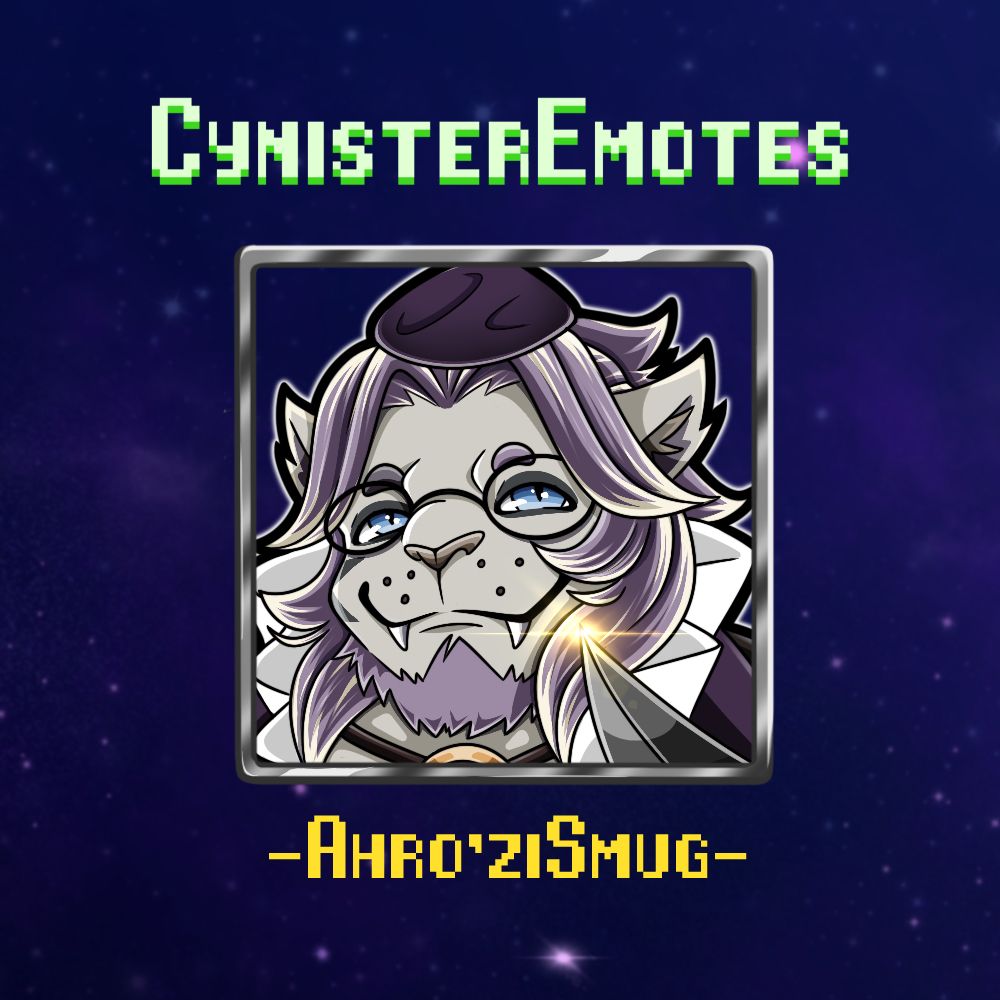 Smug knife cat emote custom designed by CynisterDesigns for a FFXIV Hrothgar OC named “Ahro’zi Zhimsa”.