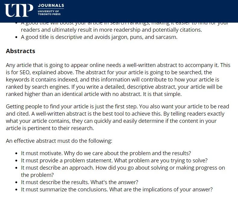 Tips from the University of Toronto Press about writing an article abstract: text begins with "Any article that is going to appear online needs a well-written abstract to accompany it." ...