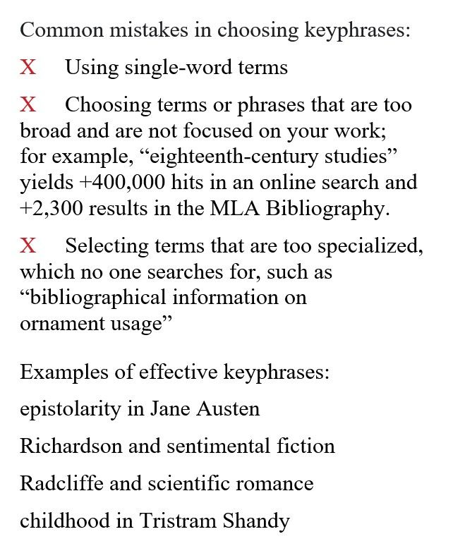 A list of Common mistakes in choosing article keyphrases: such as (1) Using single-word terms; (2) Choosing terms or phrases that are too broad and not focused on your work – such as “eighteenth-century studies,” ...