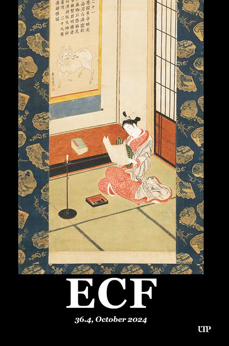 The cover of the October 2024 issue of Eighteenth-Century Fiction journal features a japanese artwork from the 18th century. In the artwork, a woman sits on the floor. She is wearing flowing robes and is reading some manuscript pages.