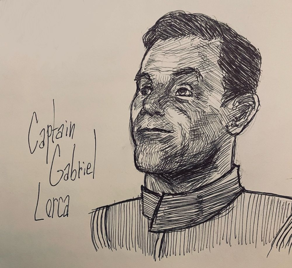 Drawing of Jason Isaacs as Captain Lorca from Star Trek Discovery drawn too round and soft directly with a ball point ink pen