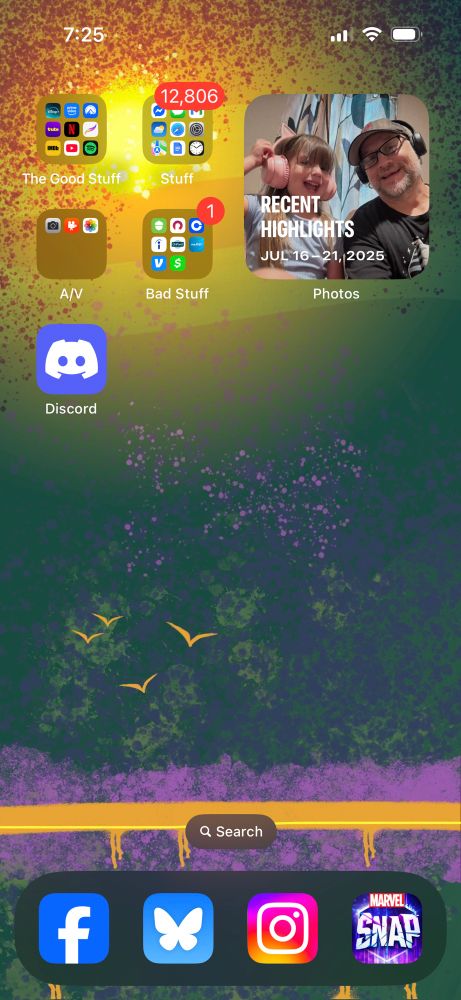 Dark green background. Green splatters. Purple dots. Orange and yellow lines over a strip of purple splatter near the bottom. Yellow glow up above similar to a sun. Dark red splatters across the top under the glow. Orange silhouette birds flying over the horizon against the dark green background. 