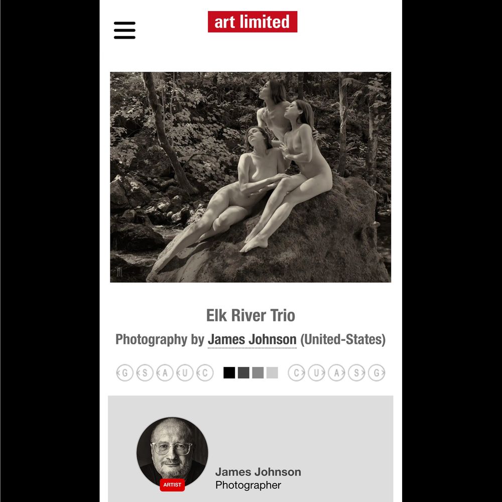 Three women, nude, on a rock in a river. Monochrome. 