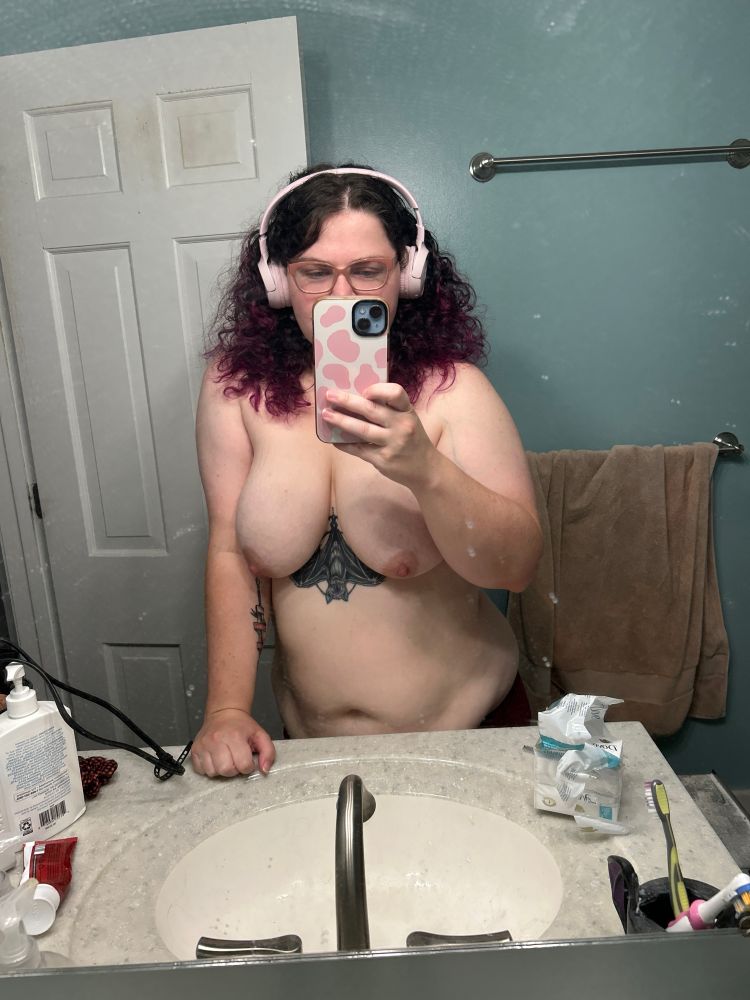 Bathroom mirror selfie, nude, big tits, and big hair 