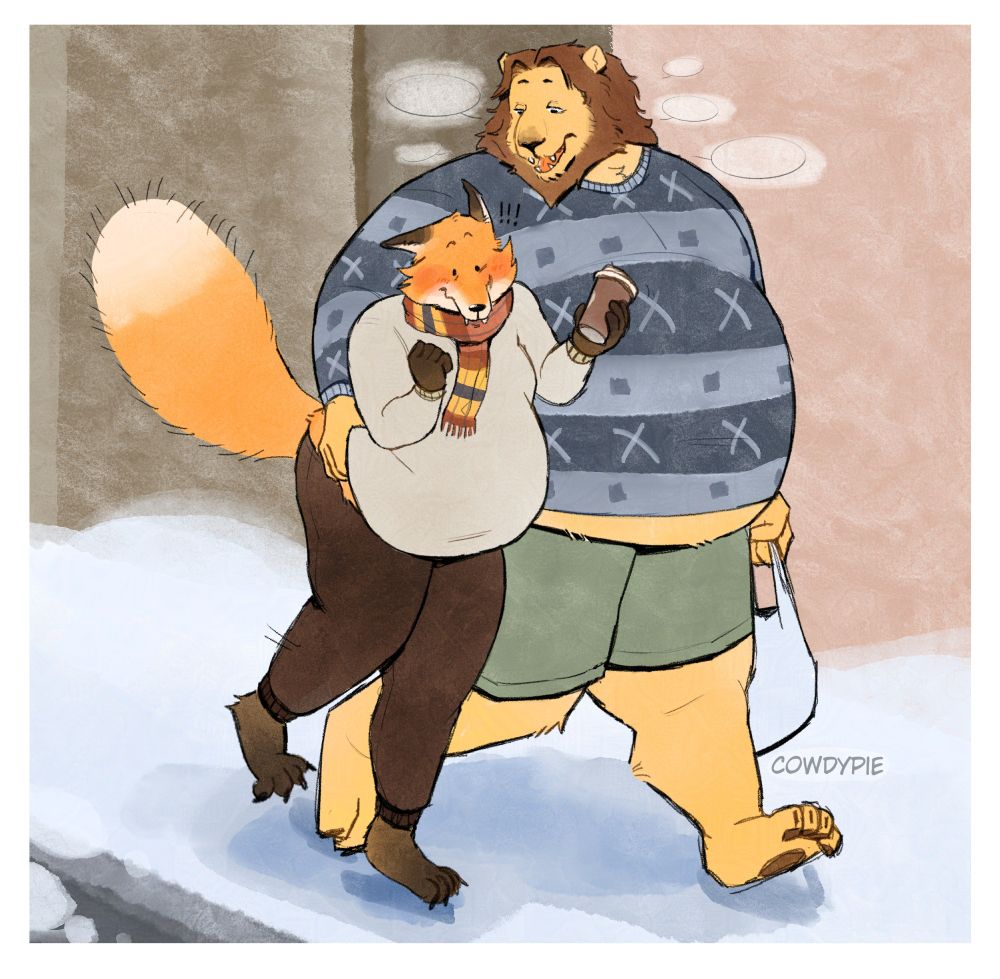 A chunky fox and large lion walking together on a snowy side walk. The fox is flustered due to the lion grabbing at his love handle, whispering/saying several unidentifiable things in his ear. The fox wears a light grey sweater, brown pants, a colorful sweater, and holds a coffee, while the lion wears a blue striped patterned sweater and green shorts while holding a bag. 