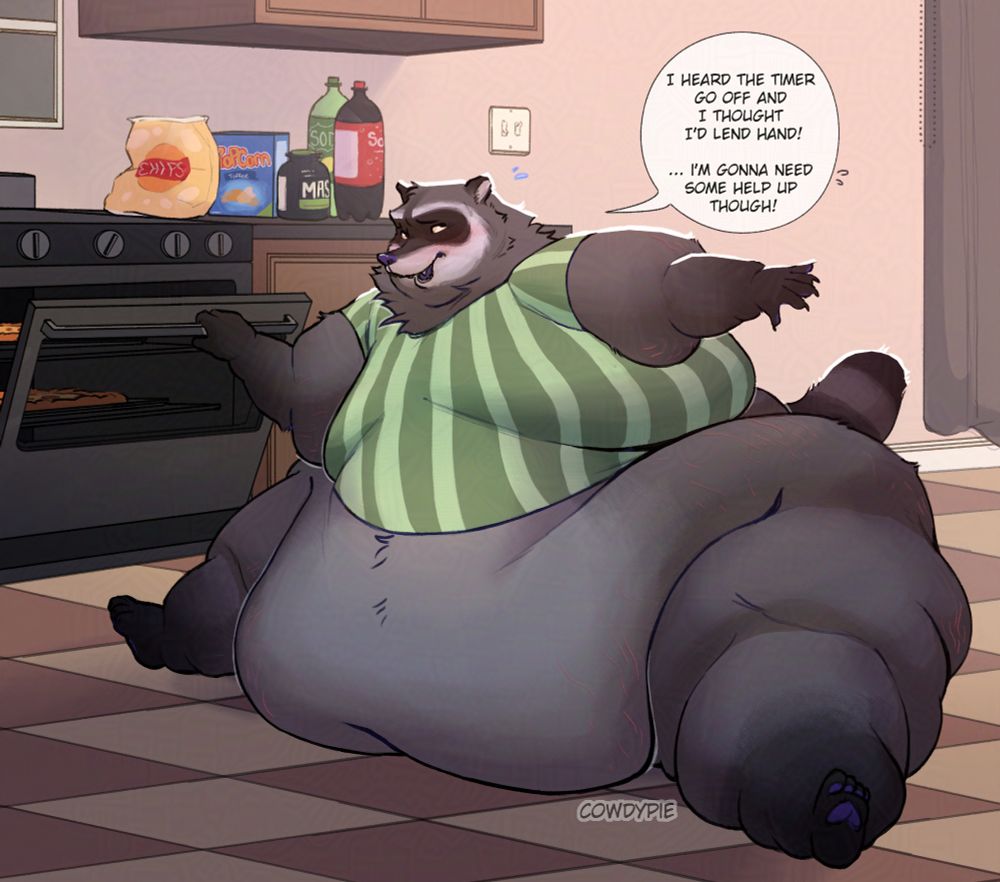 A large antro raccoon sitting in a kitchen opening an oven to grab their pizzas. There is a speech bubble saying "I heard the timer go off and I thought I'd lend a hand! ...I'm gonna need some help up though!"