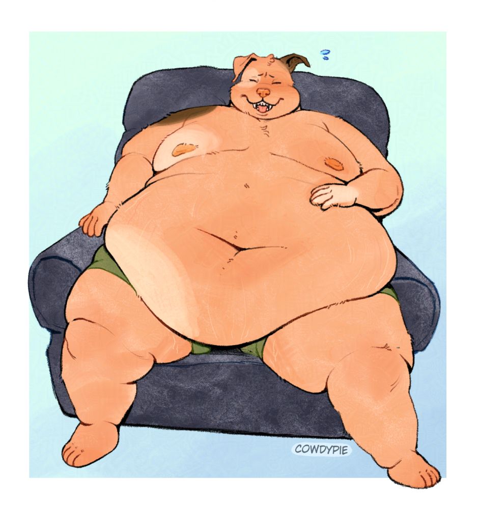Large furry pitbull (named Ricky) sitting in a recliner in underwear
