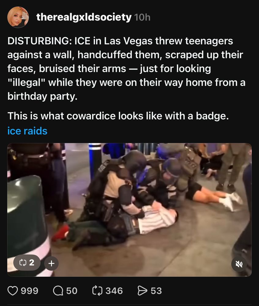 therealgxldsociety 10h
DISTURBING: ICE in Las Vegas threw teenagers against a wall, handcuffed them, scraped up their faces, bruised their arms - just for looking
"illegal" while they were on their way home from a birthday party.
This is what cowardice looks like with a badge. ice raids
+
老
999
Q 50
( 346
53