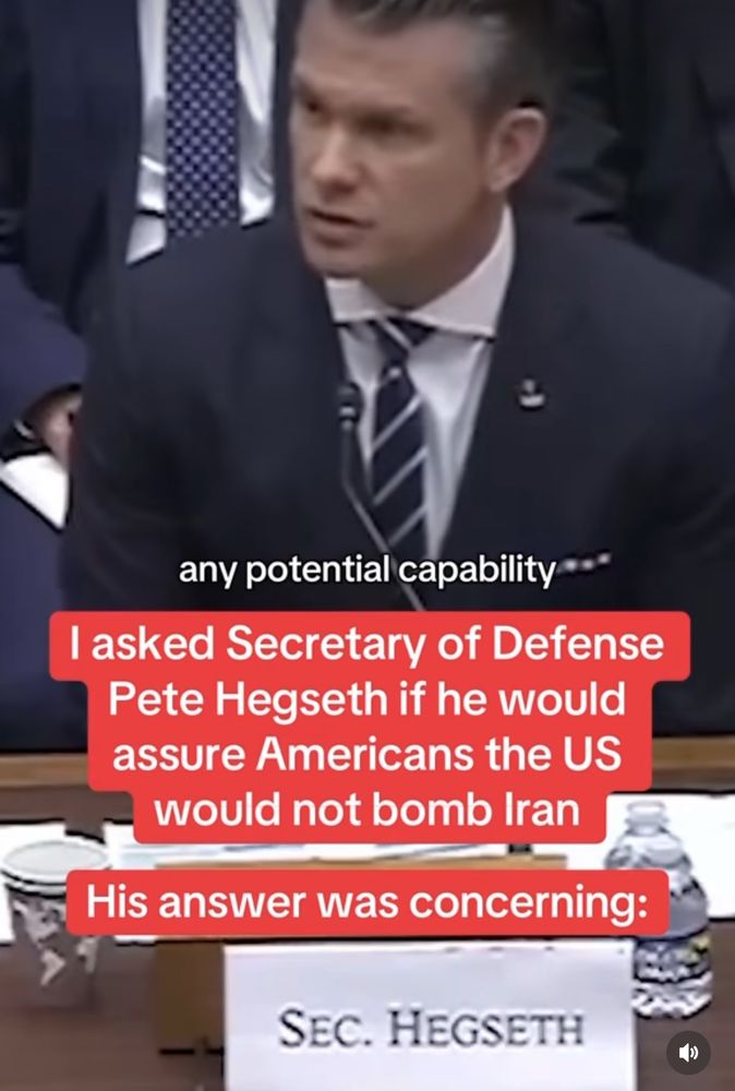 I asked Secretary of Defense Pete Hegseth if he would assure Americans the US would not bomb Iran
His answer was concerning:
SEC. HEGSETH