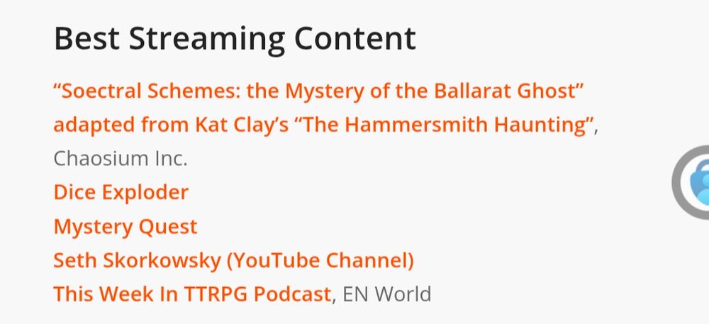 A screen shot of the ENNIE best streaming content awards list. 