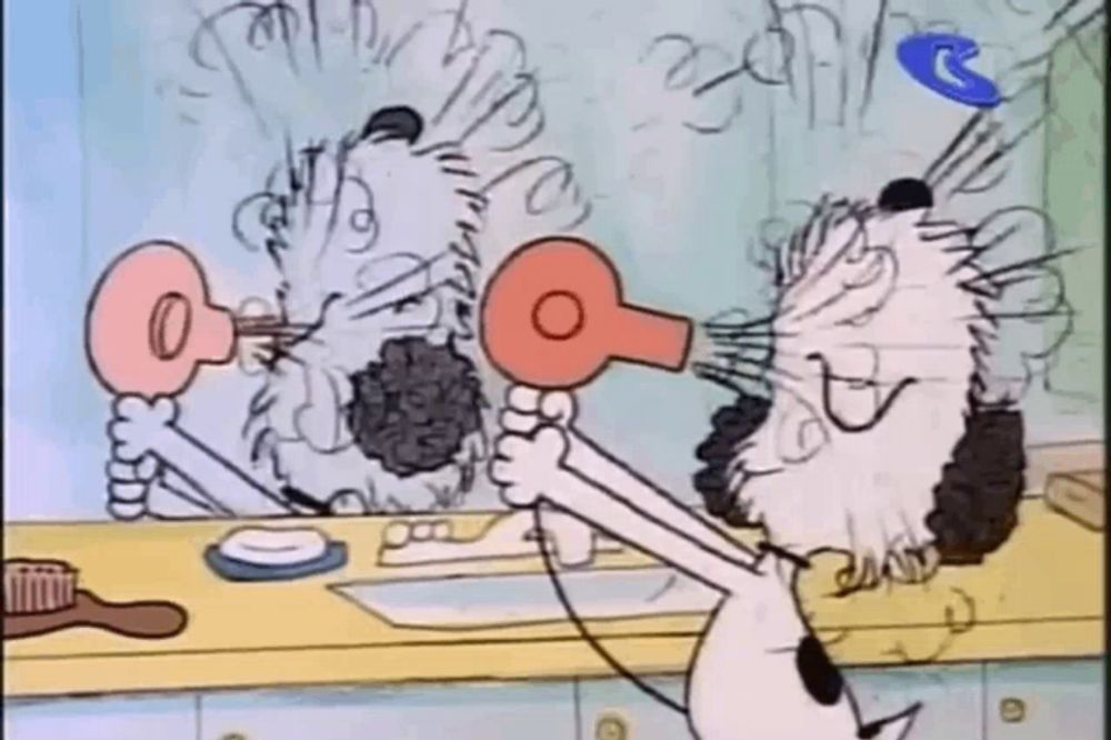 a cartoon of snoopy blow drying his hair in front of a mirror in a bathroom .