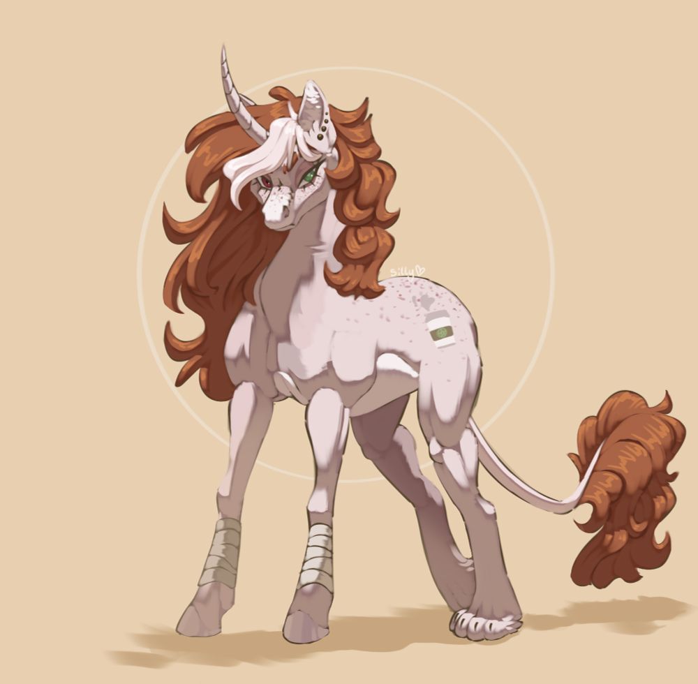 A cream colored pony with dark freckles across its body and a brown messy mane with white bangs. Their green and red eyes stare off to the side as if dismissing the viewer.