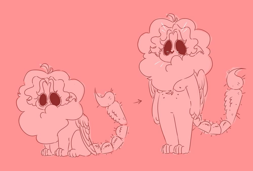 This image is entirely red with Silly a slighter paler red. On the left, she sits into her "feral" form, and instead of a lions face, she has a human face. Next to her their is an arrow pointing to the right where Silly is "fursonified" into her anthropomorphic form with a lion face instead. Though in this example, Silly is nude to display her round belly and teats.