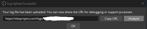 A screenshot of an OBS popup
"log upload successful"

It is a success message with a Url

an "Analyze" button is highlighted